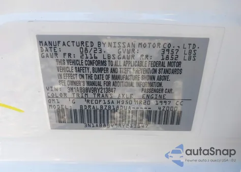 2024 Nissan Sentra S Xtronic Cvt z USA, uszkodzony, nr VIN 3N1AB8BV9RY213847